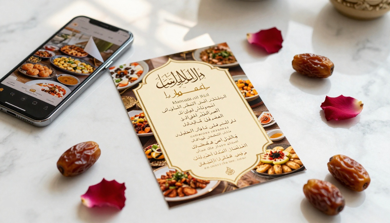 A printed Ramadan menu card next to a smartphone displaying the digital flipbook version
