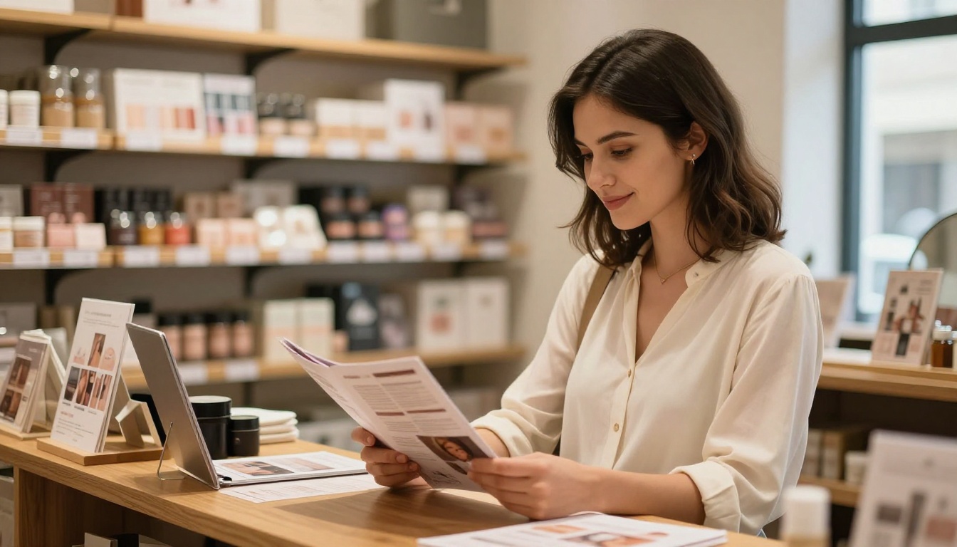 Boutique owner reviewing Valentine's Day promotional catalog at store counter
