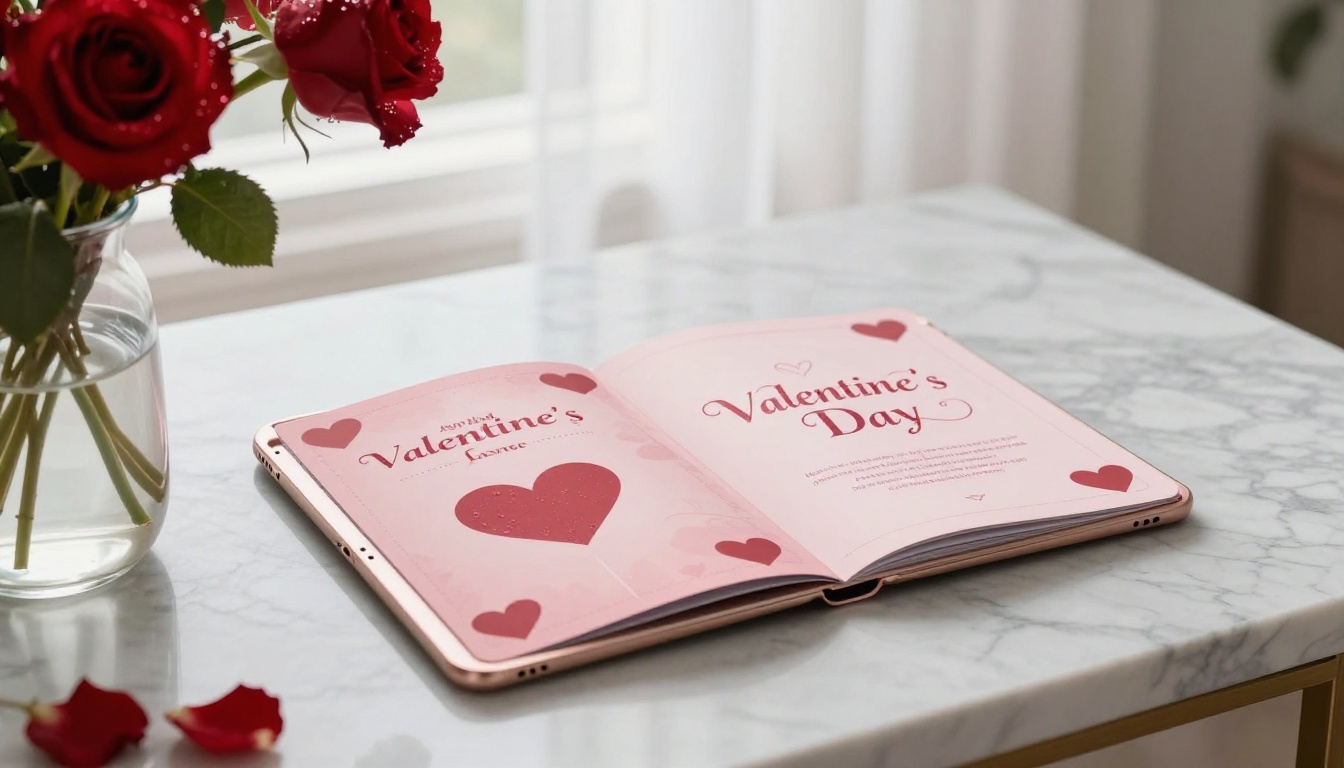 Digital Valentine's Day catalog displayed on tablet with red roses in background