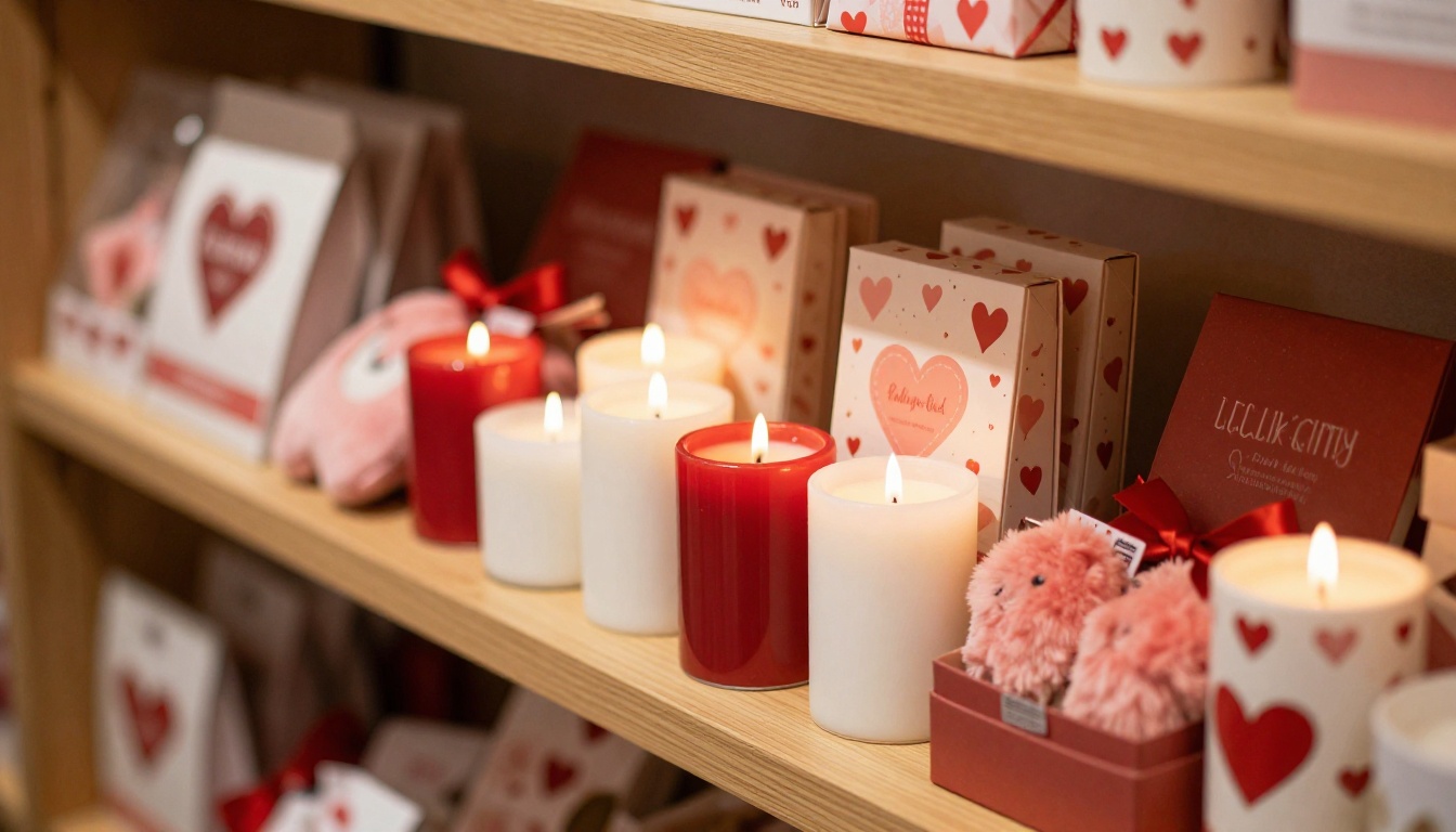 Valentine's Day merchandise artfully arranged on boutique retail shelf
