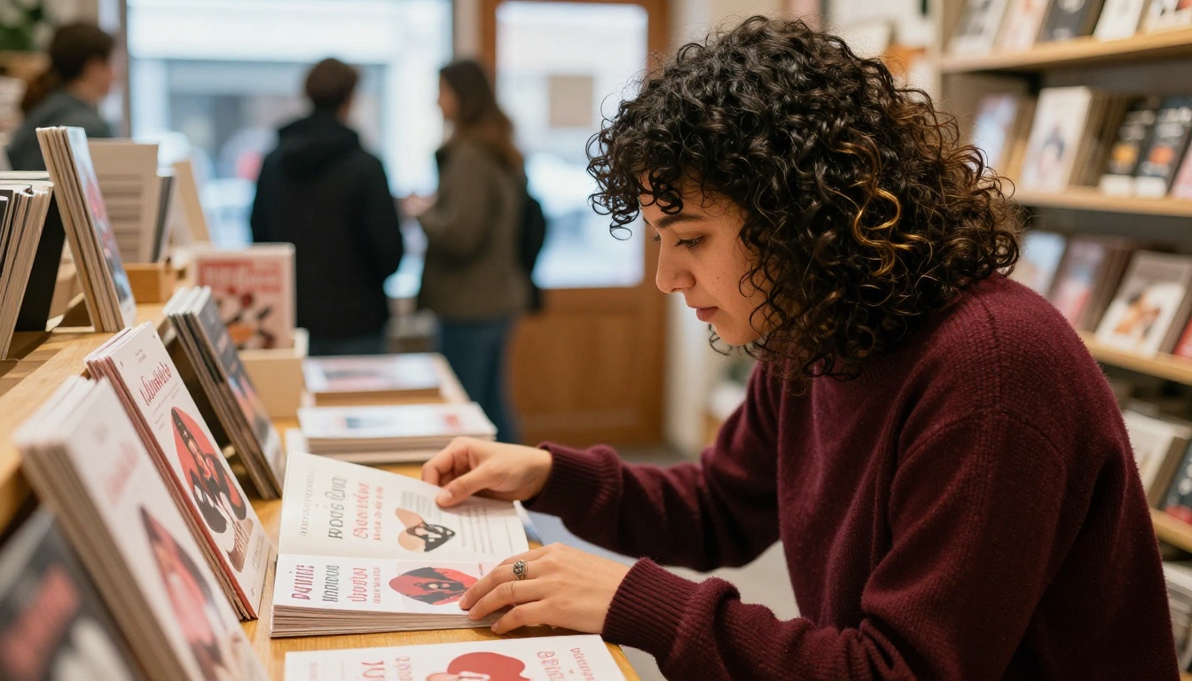 Customer browsing Valentine's Day catalog in a warm-lit boutique