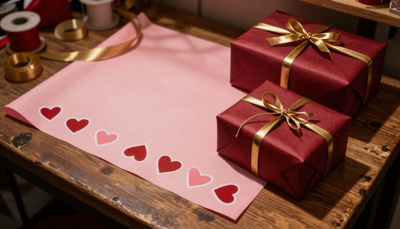 Overhead view of Valentine's Day gift wrapping station with ribbons and tissue paper