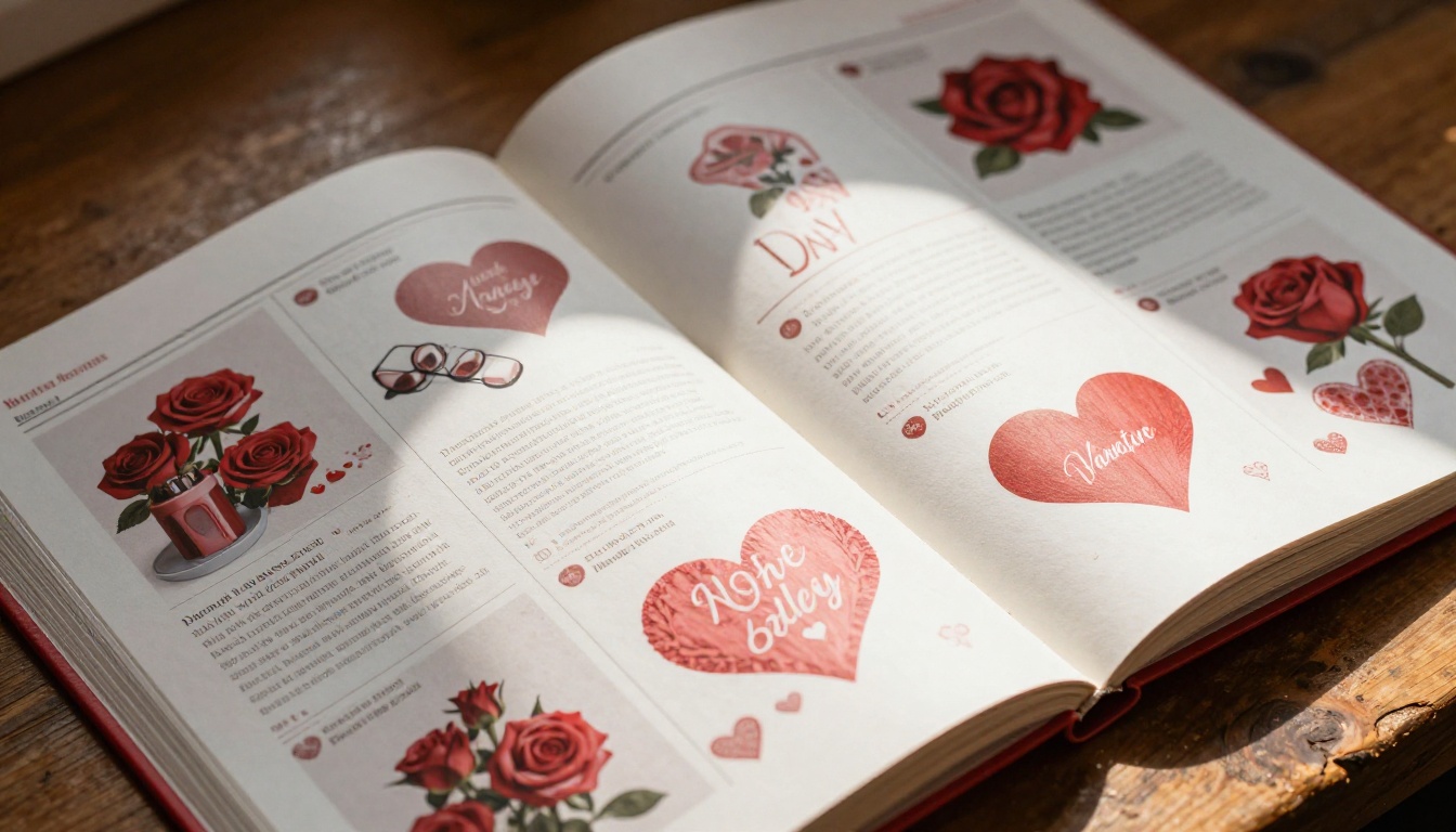 Close-up of open Valentine's Day catalog pages showing product layouts on a wooden table