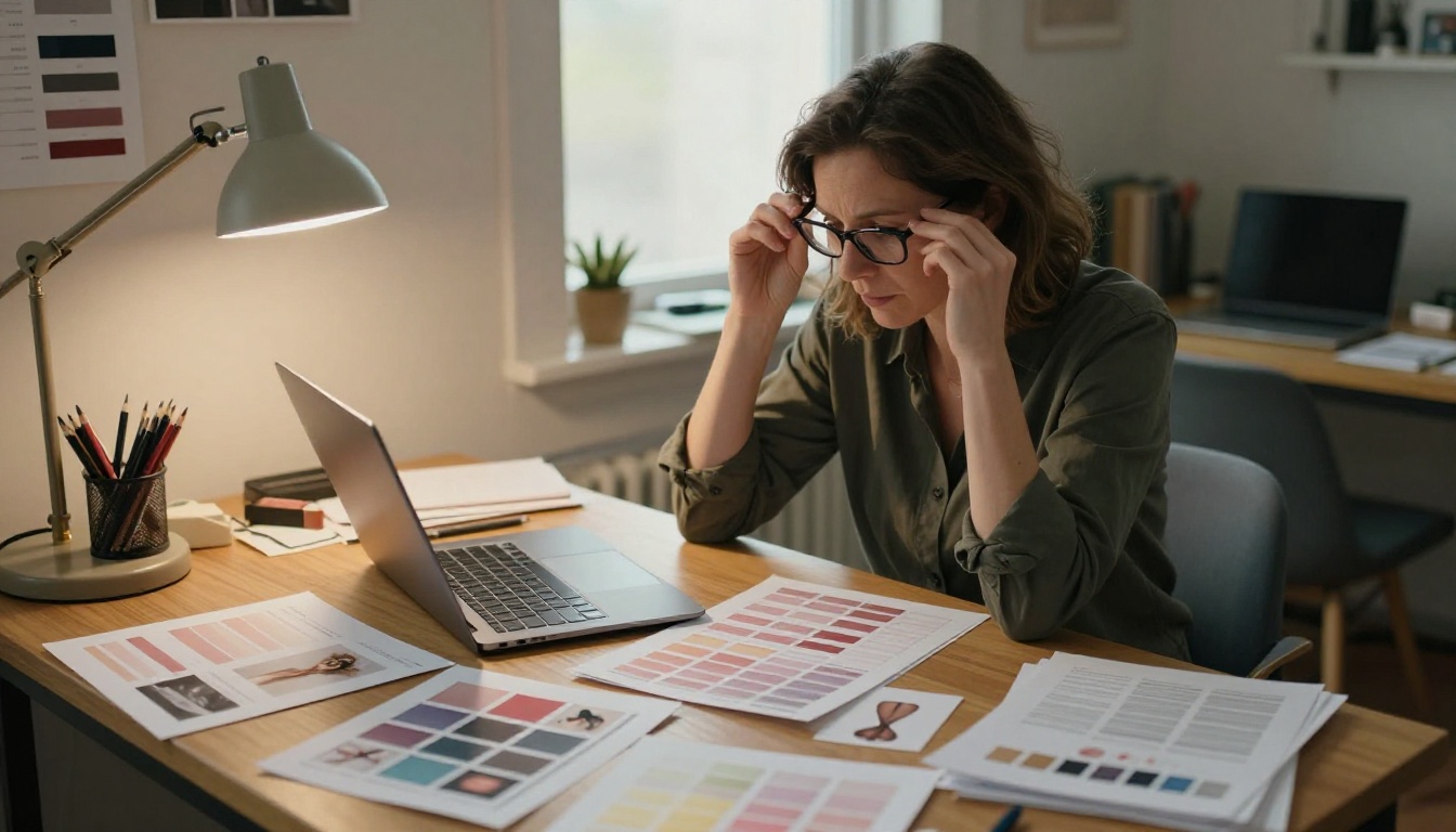 Small business owner at desk working on Valentine catalog design materials