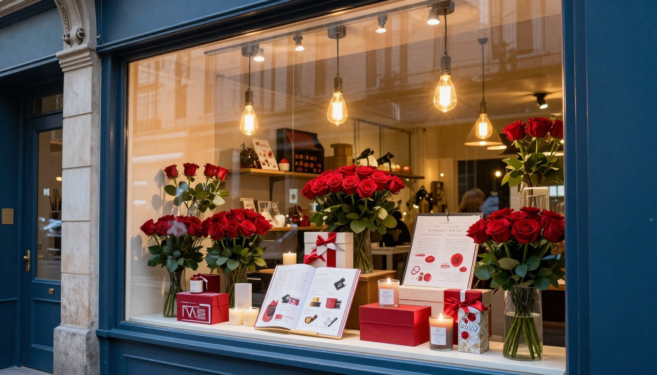 Valentine's Day boutique shop window display with promotional catalog visible inside