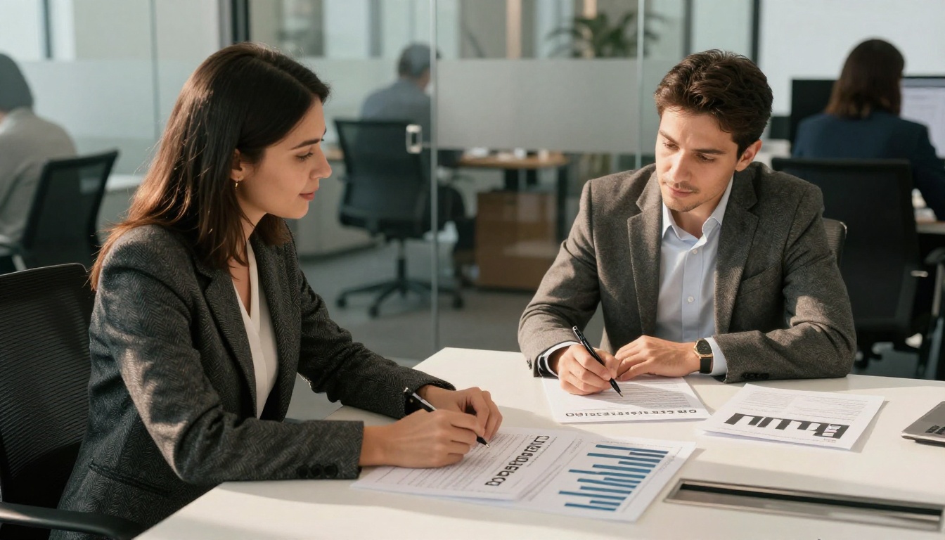 Businesswoman presenting Q4 sales deck to engaged executives
