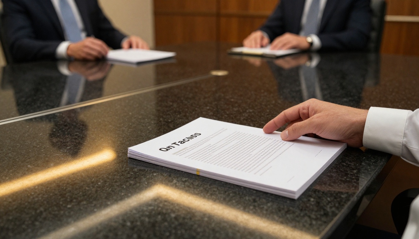 Businessman's hand sliding a premium sales deck across a boardroom table Businessman's hand sliding a premium sales deck across a boardroom table