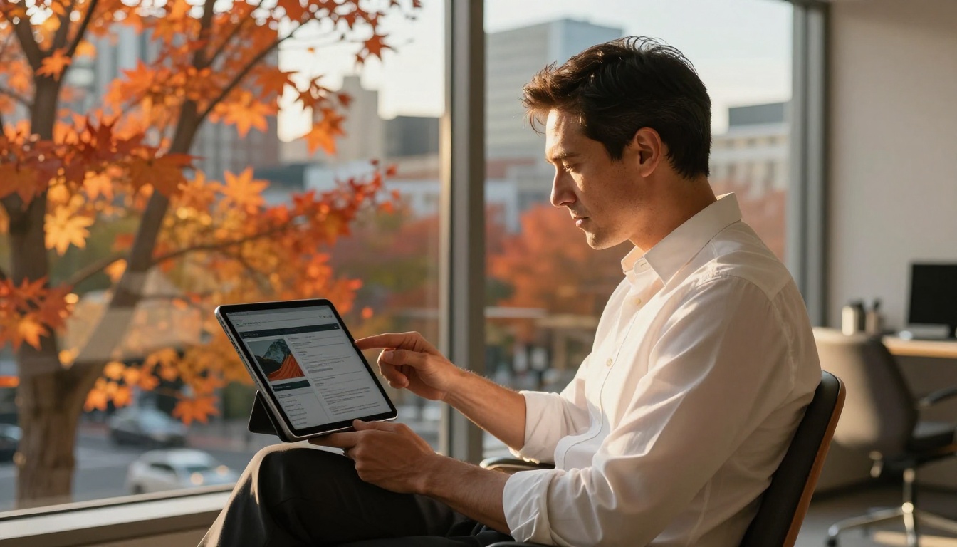 Executive reviewing Q4 sales deck on iPad by an autumn city window
