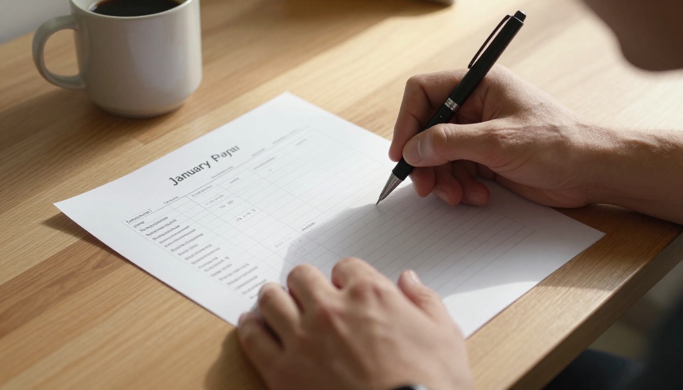 Personal trainer writing a January workout program on paper at a wooden desk with morning light