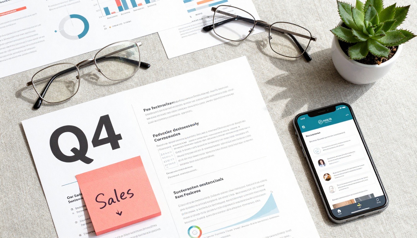 Q4 sales deck planning flat lay with printed slides and handwritten notes Q4 sales deck planning flat lay with printed slides and handwritten notes