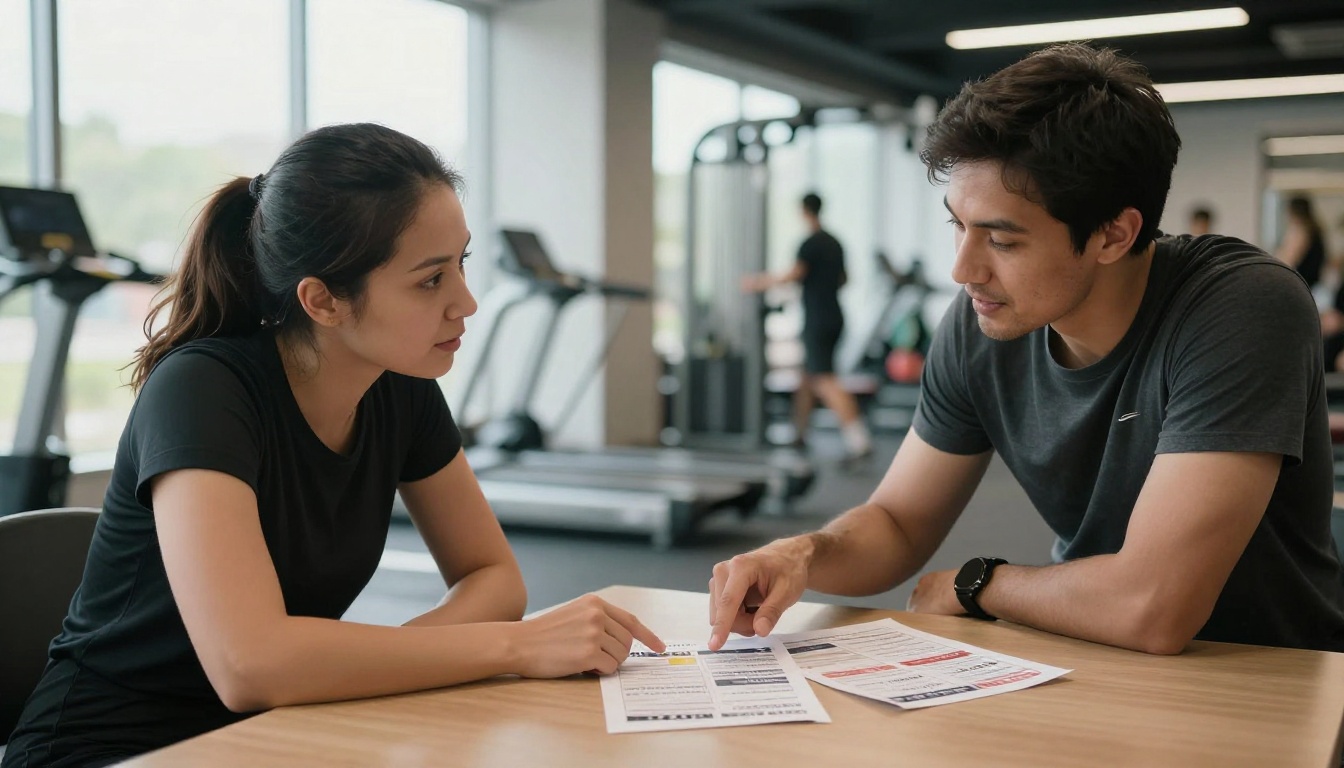 Personal trainer and client reviewing a January fitness program packet together at a gym table with natural light