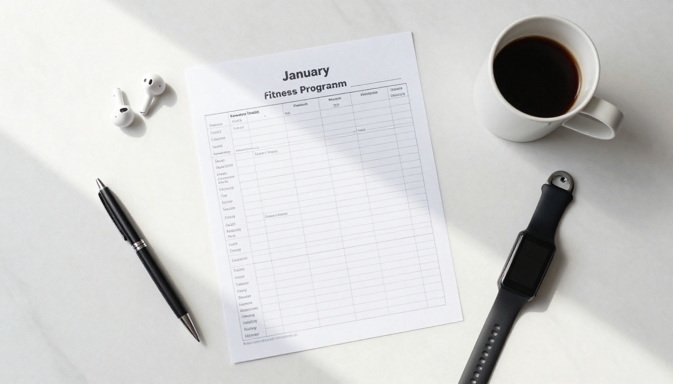 Overhead aerial flat-lay of a January fitness program packet on a marble desk with pen and coffee