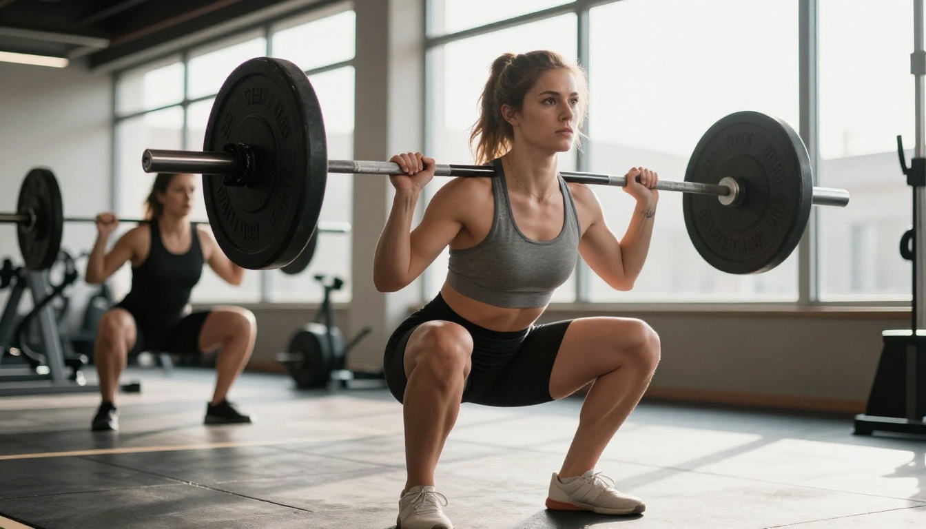 Woman performing a deep barbell back squat in a bright gym with January morning sunlight streaming through windows