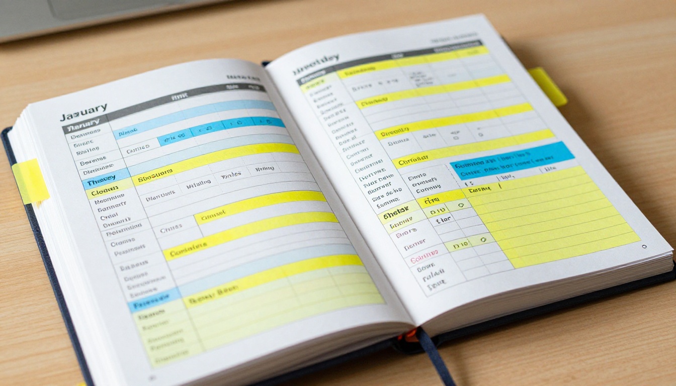Color-coded fitness program binder with January weekly training blocks and tab dividers on a wooden desk