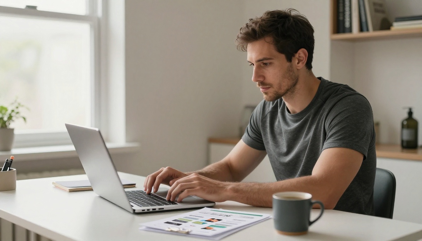 Male personal trainer designing digital fitness program materials on a laptop at a minimalist desk Male personal trainer designing digital fitness program materials on a laptop at a minimalist desk