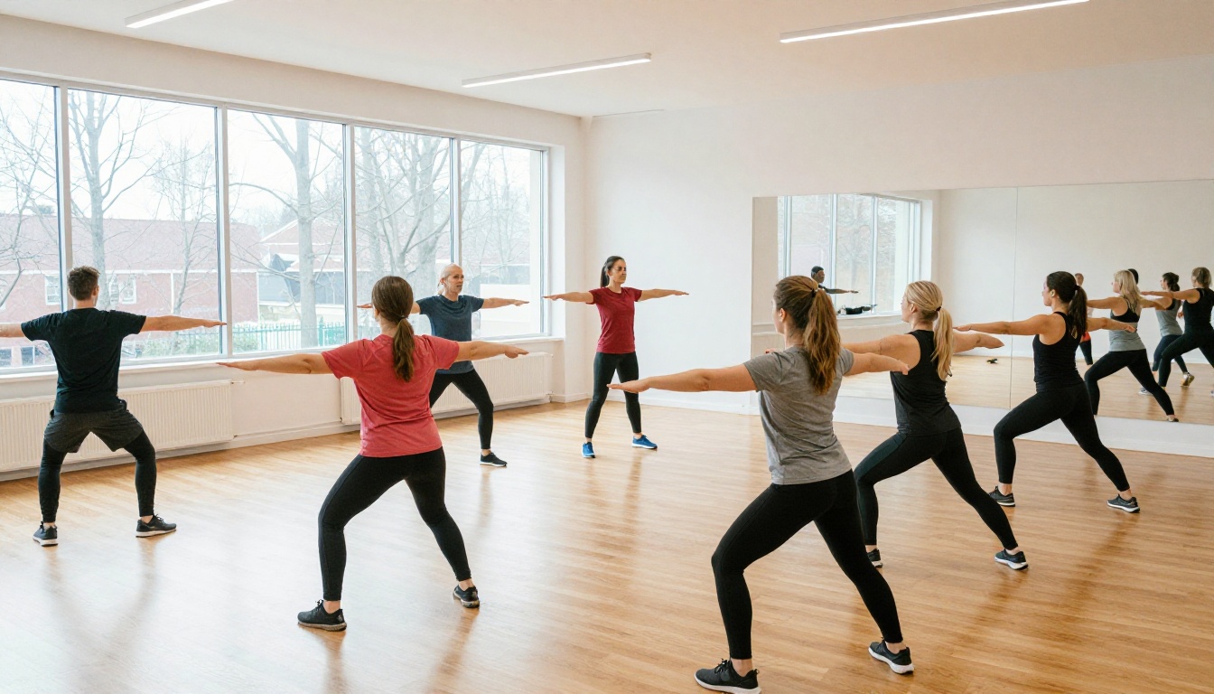 Wide shot of a small group fitness class with a trainer leading participants through a January workout session in a bright open gym Wide shot of a small group fitness class with a trainer leading participants through a January workout session in a bright open gym