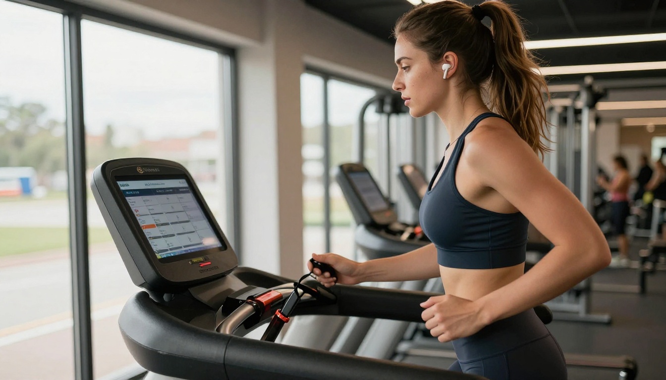 Young woman walking on a treadmill glancing at a tablet with a digital fitness program displayed in a modern gym Young woman walking on a treadmill glancing at a tablet with a digital fitness program displayed in a modern gym