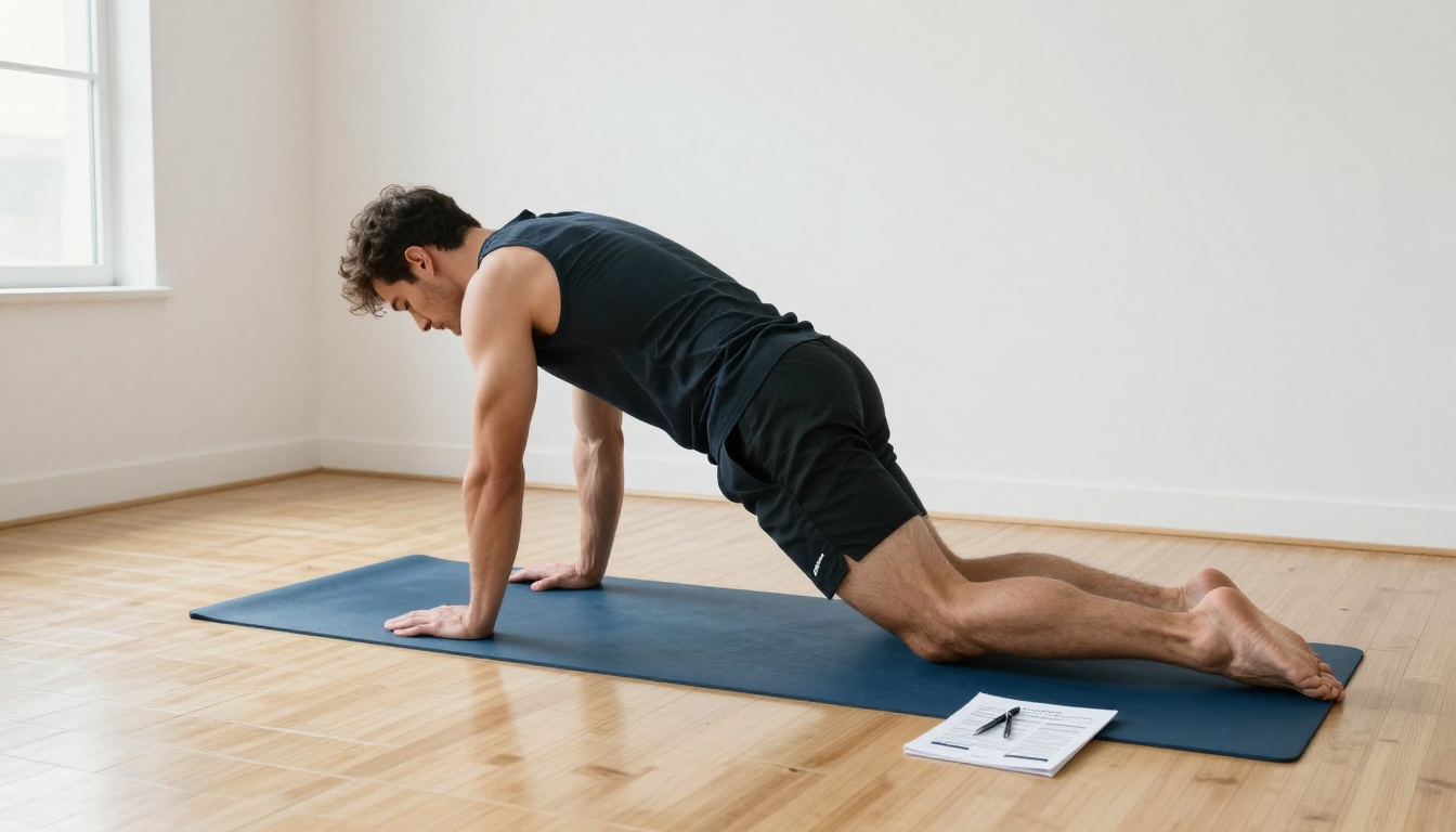 Male athlete performing a deep hip flexor stretch on a yoga mat in a bright gym studio with winter morning light, fitness program packet visible nearby Male athlete performing a deep hip flexor stretch on a yoga mat in a bright gym studio with winter morning light, fitness program packet visible nearby