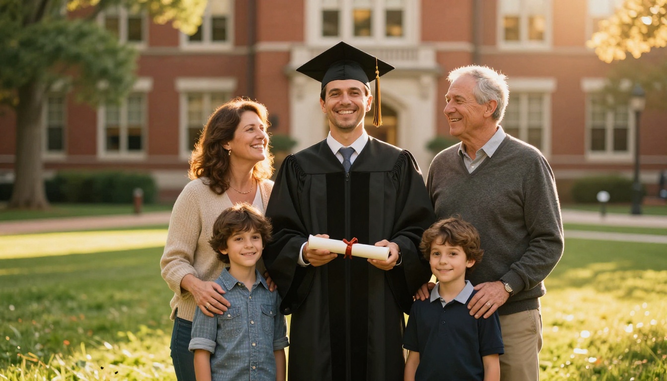 Family with graduate at golden hour on campus quad