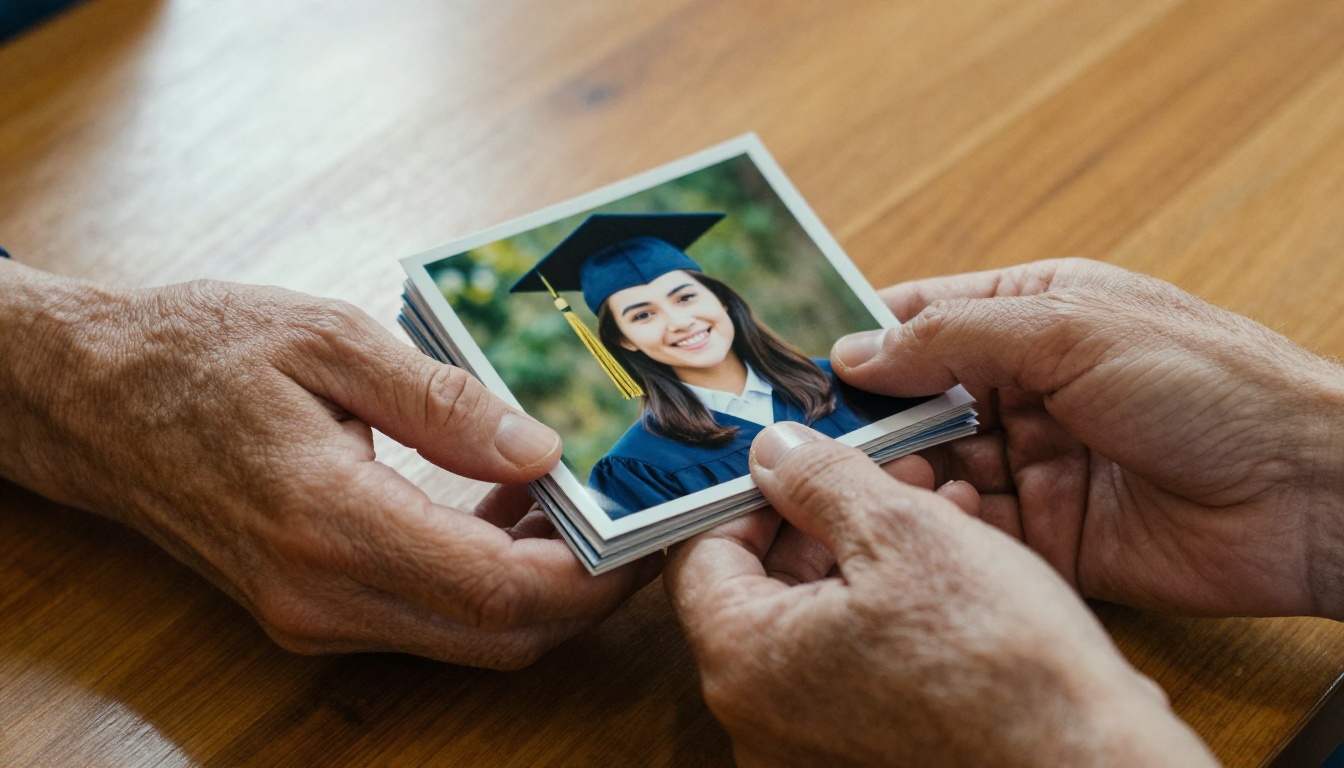 Close-up of hands holding graduation photos