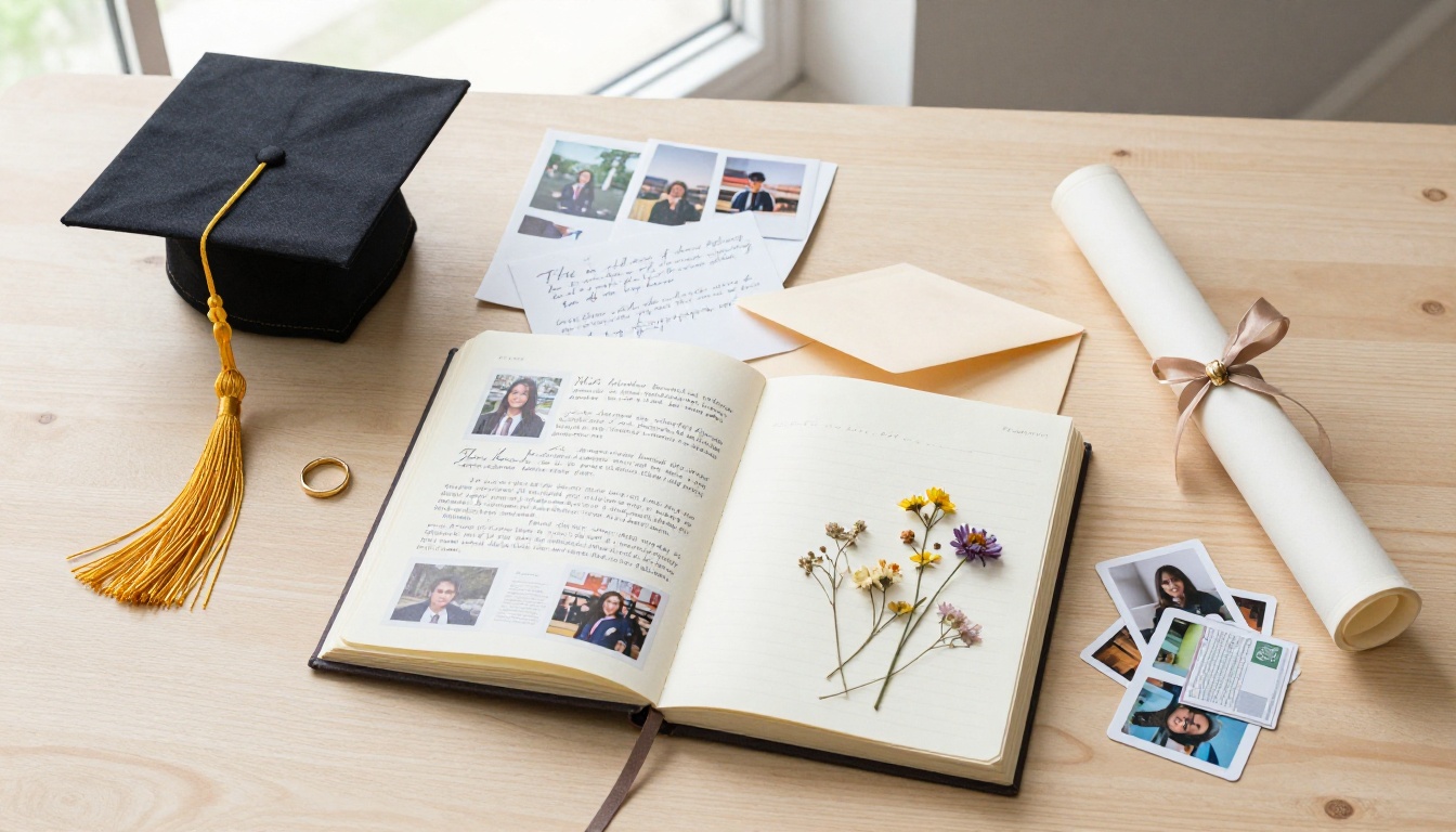 Flat lay of graduation keepsake items on birchwood table