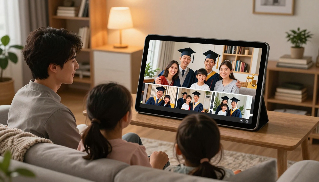 Family looking at digital graduation flipbook on tablet