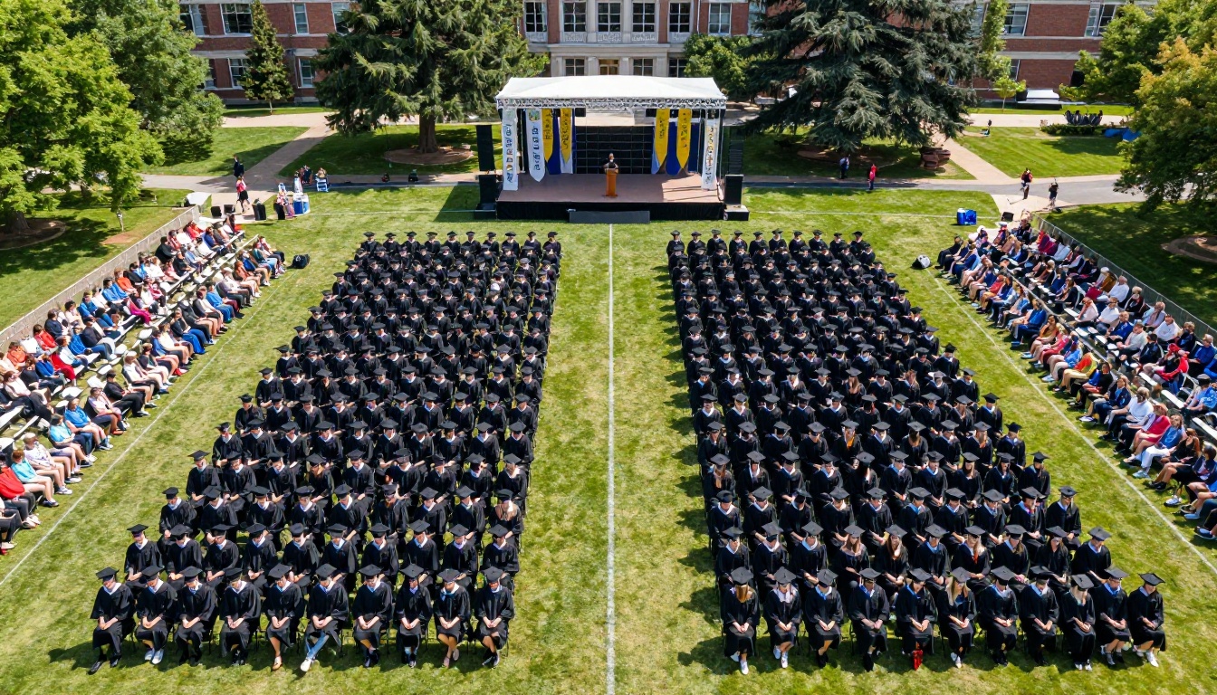Aerial view of outdoor university graduation ceremony