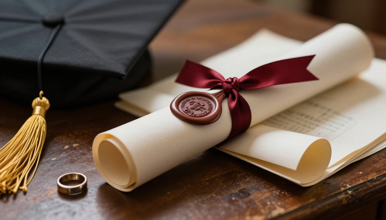 Close-up of diploma with mortarboard cap and golden tassel Close-up of diploma with mortarboard cap and golden tassel