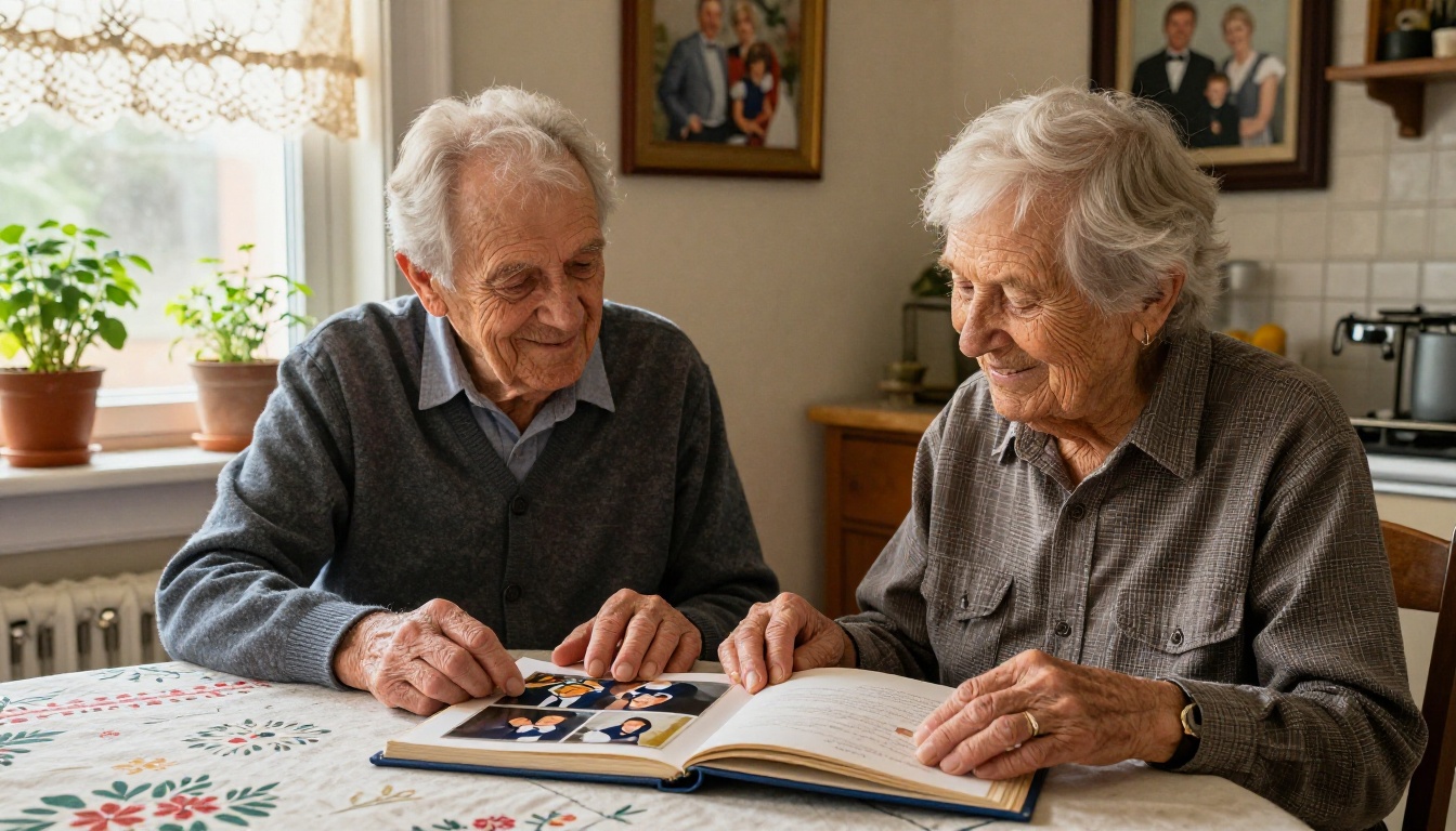 Grandparents warmly looking through a graduation photo album Grandparents warmly looking through a graduation photo album