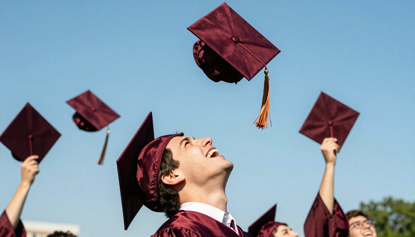 Graduate tossing cap joyfully into a clear blue sky Graduate tossing cap joyfully into a clear blue sky