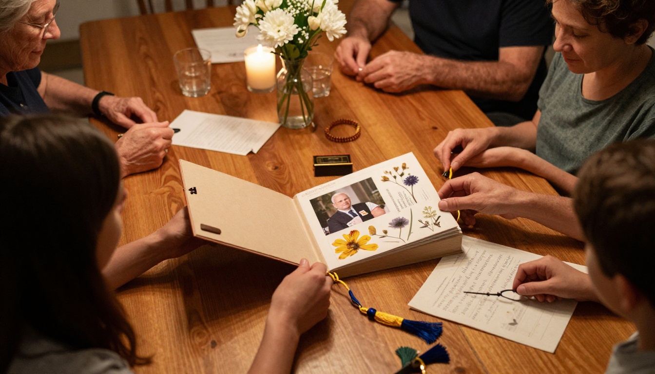 Family gathering around a table to build a graduation memory box Family gathering around a table to build a graduation memory box