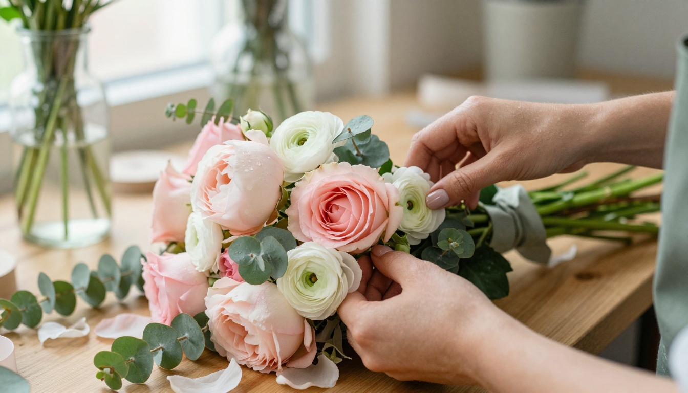 Local florist's hands carefully arranging a Mother's Day bouquet on a wooden workbench