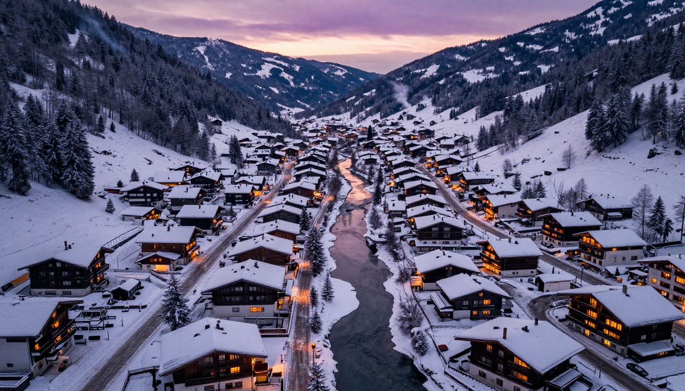 Aerial view of snow-covered alpine village with warm glowing chalets at dusk