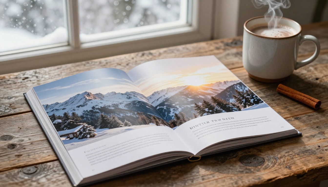 Close-up of a beautifully designed winter travel brochure open on an oak table beside a hot cocoa mug