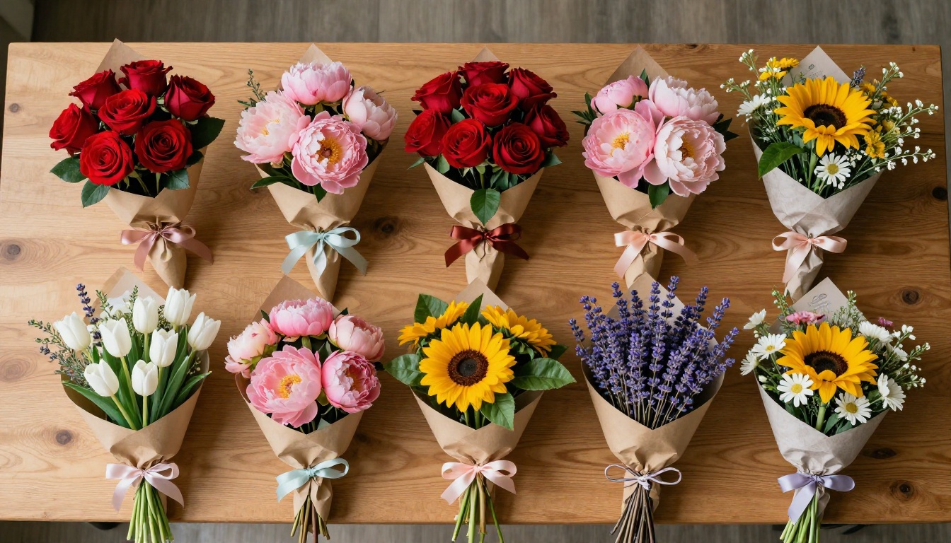 Overhead flat-lay of six distinct Mother's Day floral arrangements on an oak wooden table