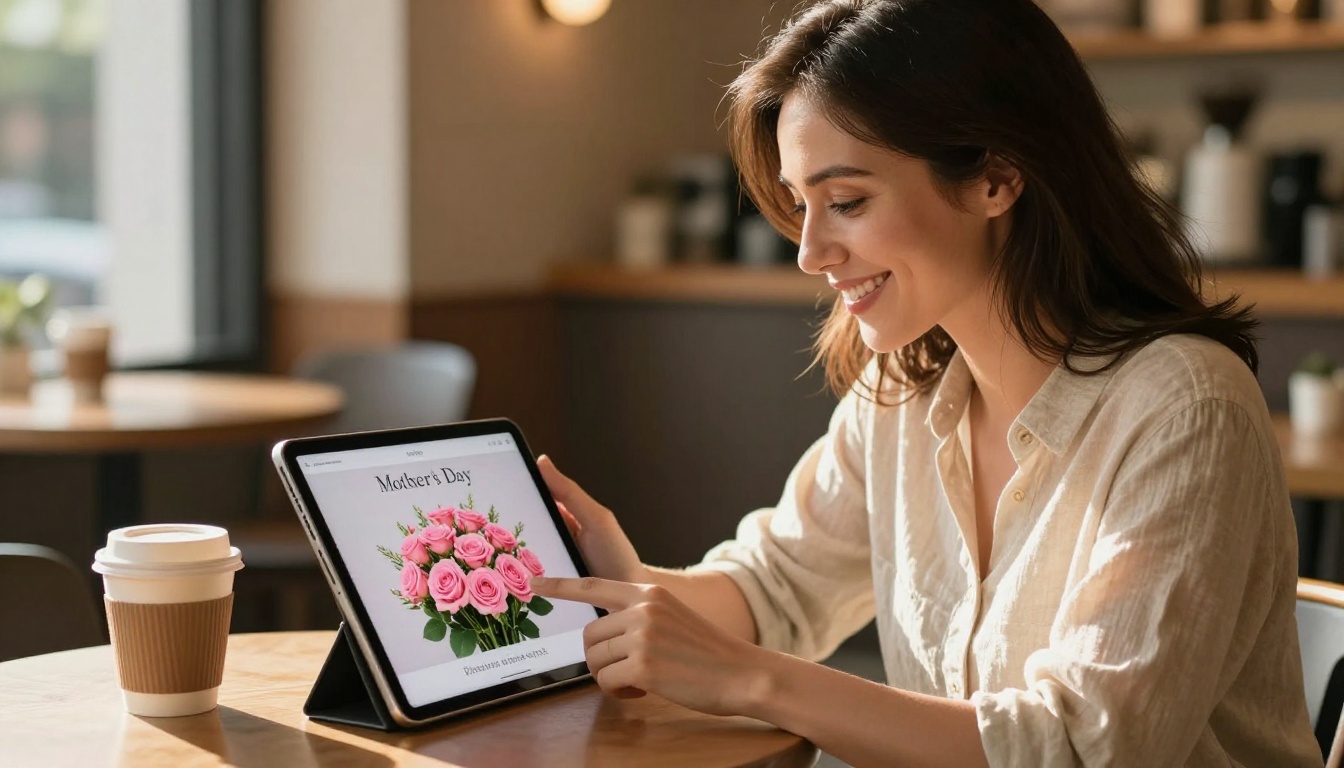 Woman browsing a digital flower catalog on a tablet at a cafe