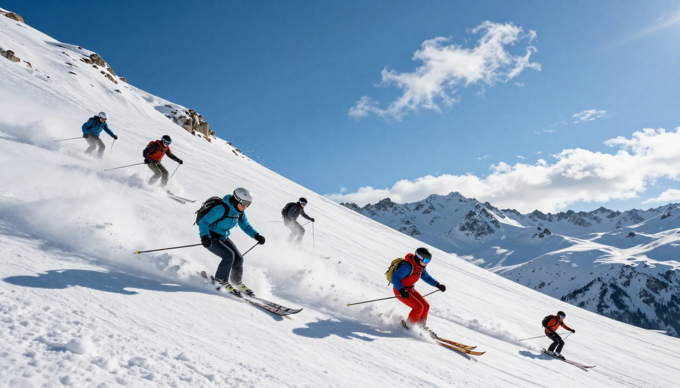 Low-angle shot of skiers descending a powder slope with a cerulean blue sky above