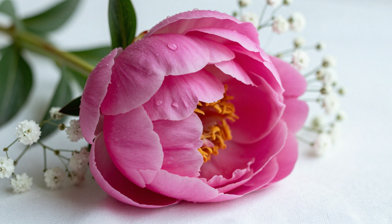 Close-up macro of a deep pink peony in full bloom with water droplets on petals