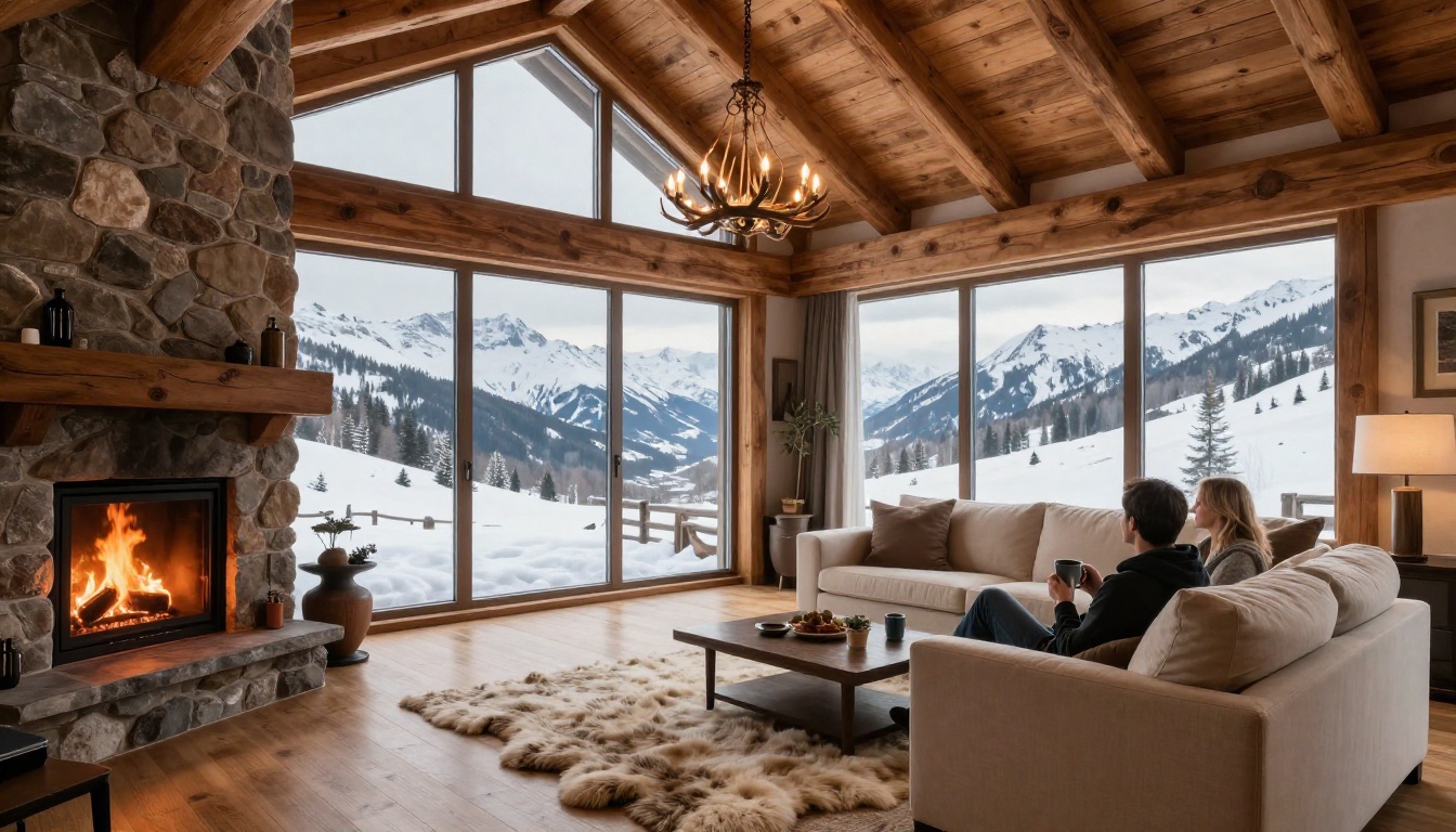 Interior of a luxury alpine chalet with a stone fireplace and panoramic mountain windows