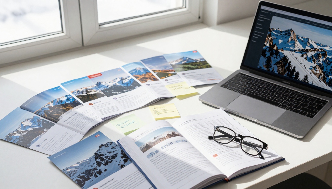 Travel agency desk with multiple winter travel brochures fanned out alongside a laptop