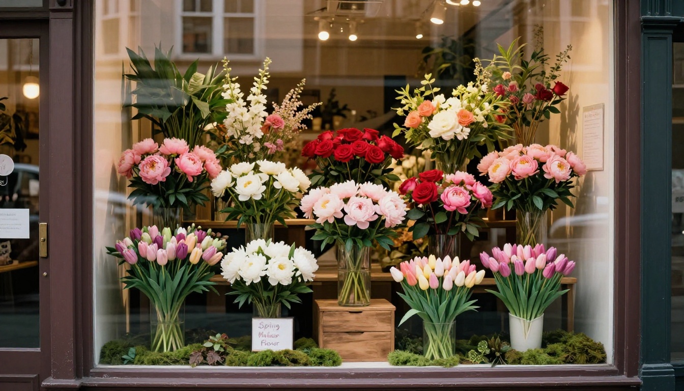 Local florist shop window decorated for Mother's Day with peonies, roses and tulips Local florist shop window decorated for Mother's Day with peonies, roses and tulips