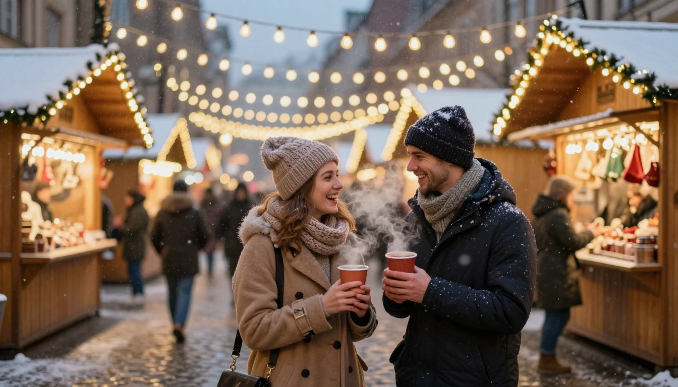 A couple laughing at a European Christmas market with warm Edison bulb string lights overhead A couple laughing at a European Christmas market with warm Edison bulb string lights overhead