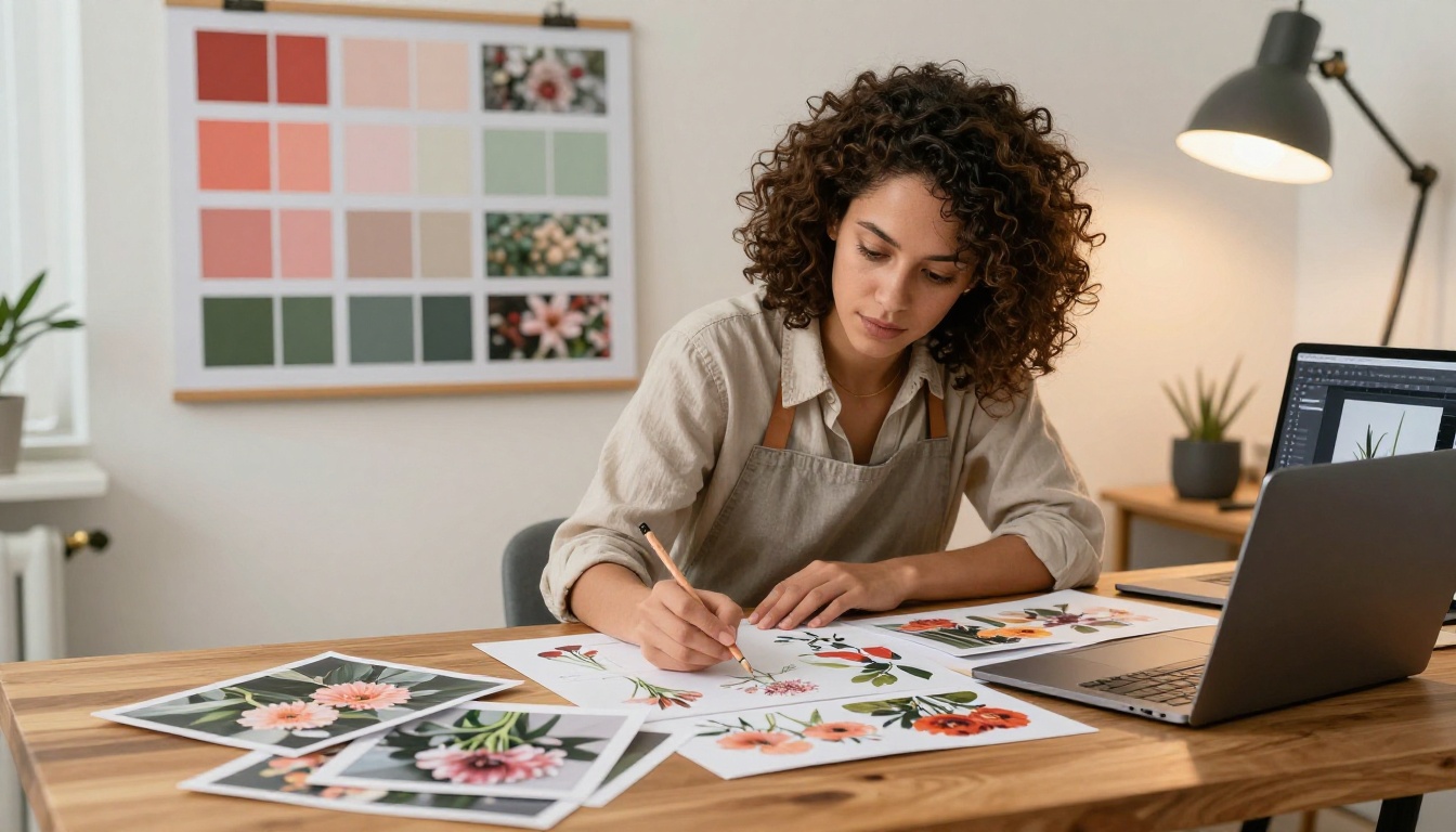 Female florist designing a catalog layout at a wooden desk with mood board and laptop