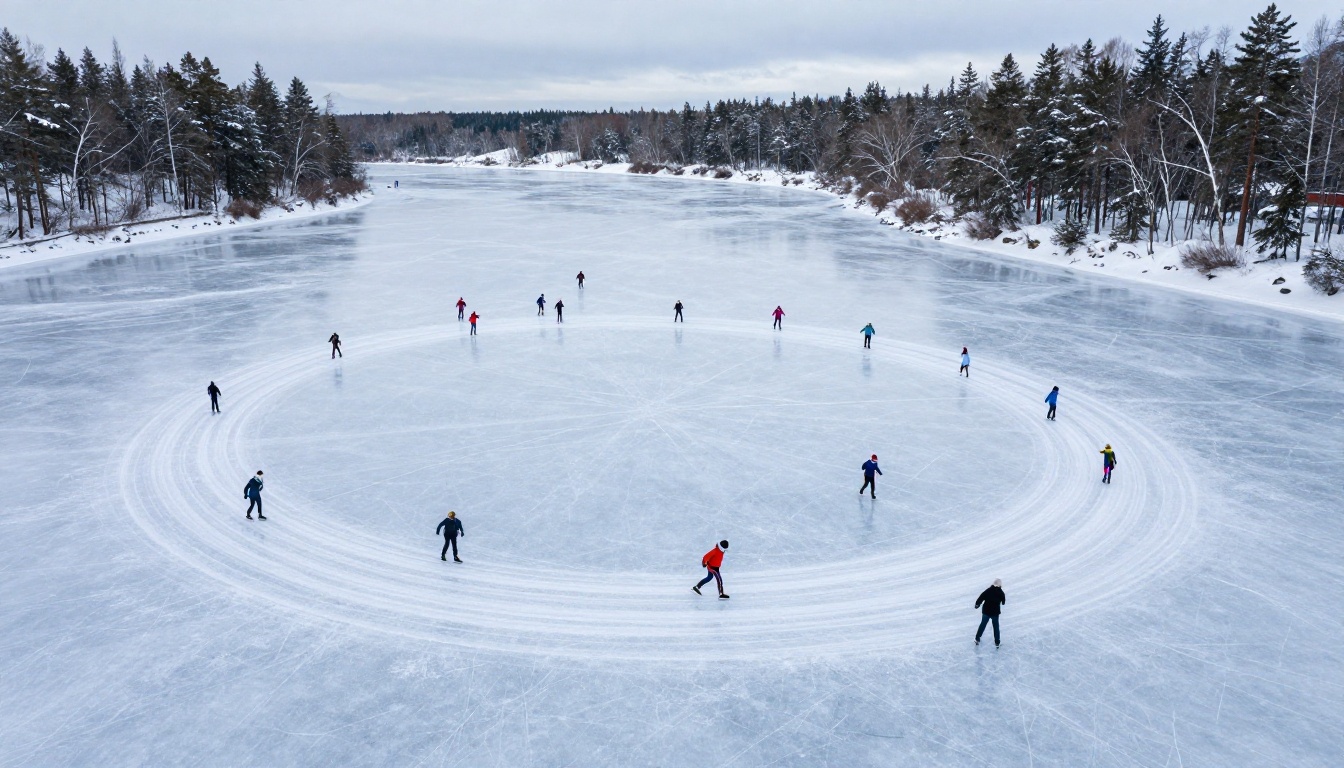 Aerial overhead view of a frozen lake with colorful ice skaters and snow-covered pine forest Aerial overhead view of a frozen lake with colorful ice skaters and snow-covered pine forest