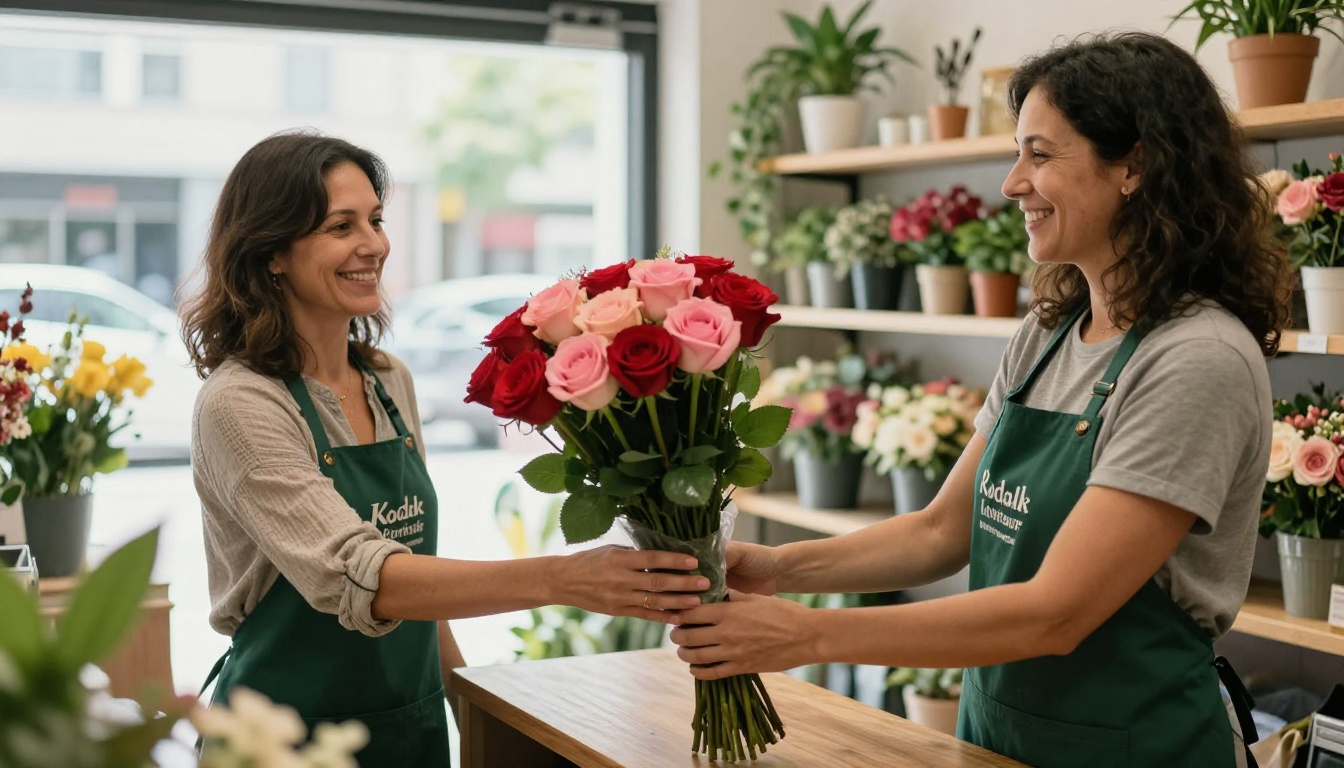 Middle-aged woman smiling while receiving a bouquet from a local florist at the shop counter Middle-aged woman smiling while receiving a bouquet from a local florist at the shop counter