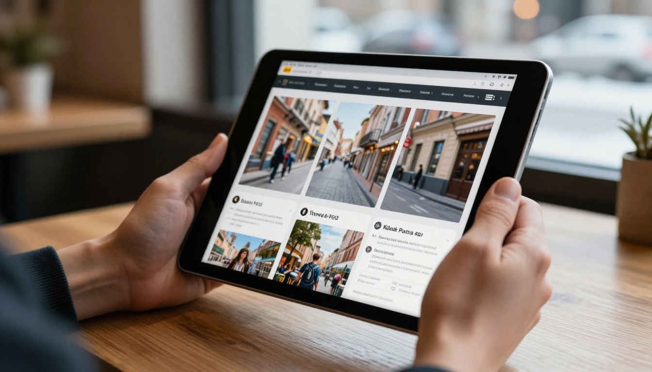 Person holding a tablet with an interactive digital travel brochure mid-page-flip Person holding a tablet with an interactive digital travel brochure mid-page-flip