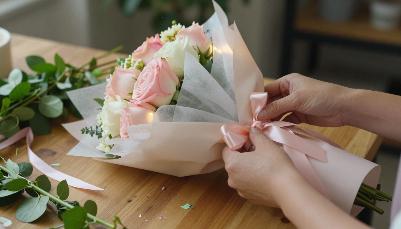 Florist's hands wrapping a Mother's Day bouquet with blush tissue paper and satin ribbon Florist's hands wrapping a Mother's Day bouquet with blush tissue paper and satin ribbon