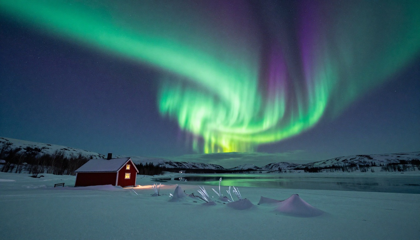 Northern Lights aurora borealis blazing over a snow-covered Nordic landscape with a lone red cabin Northern Lights aurora borealis blazing over a snow-covered Nordic landscape with a lone red cabin