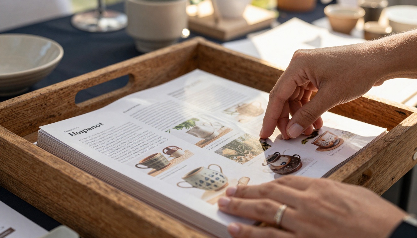 Festival vendor booth with an open product catalog on a wooden table, warm afternoon sunlight