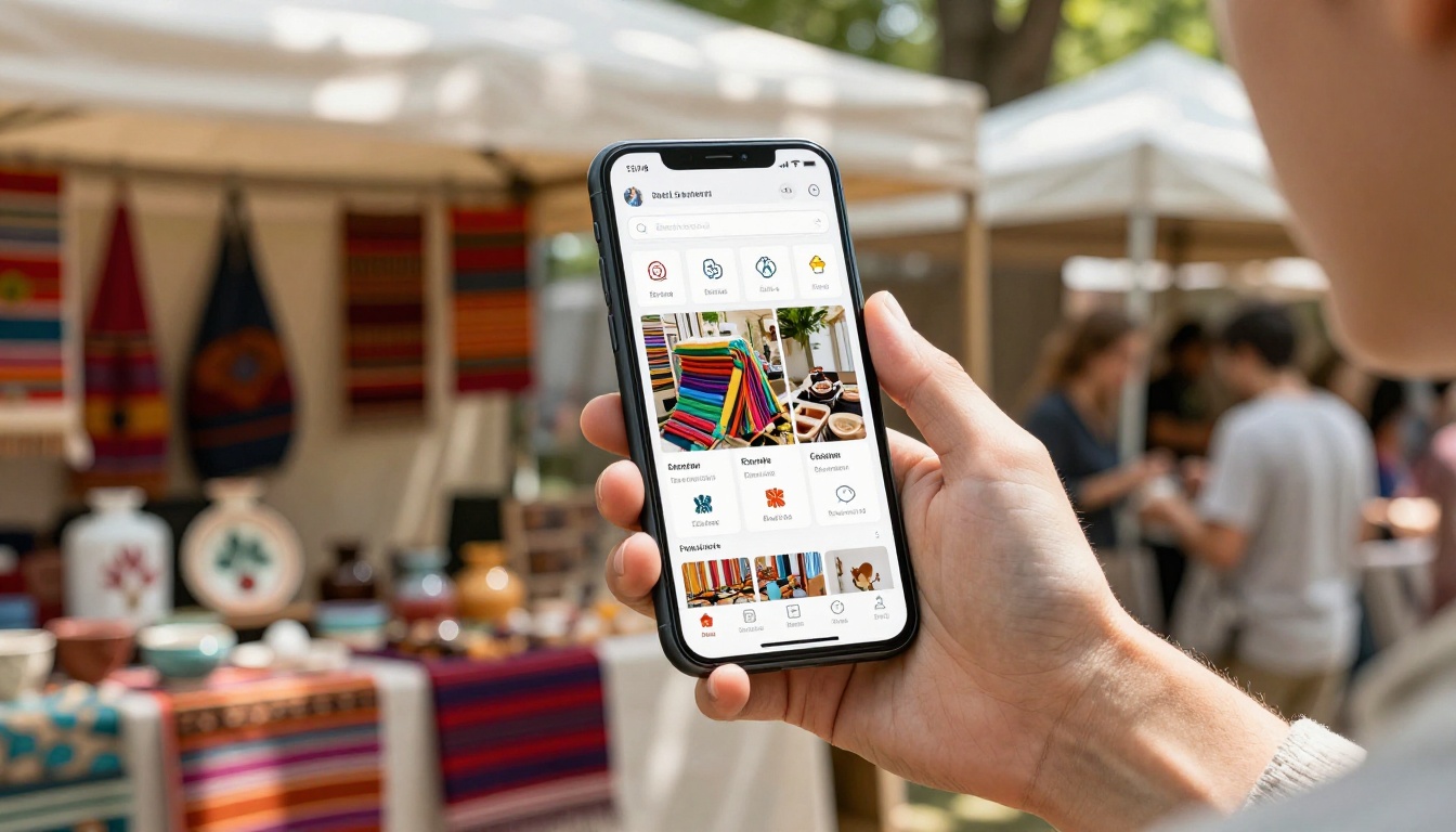Festival customer browsing a digital catalog on a smartphone in front of a vibrant artisan market booth Festival customer browsing a digital catalog on a smartphone in front of a vibrant artisan market booth